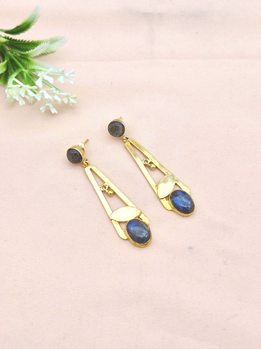 Handcrafted Gold Plated Dangle Earrings – Labradorite Semi Precious Stone Light weight Jewelry
