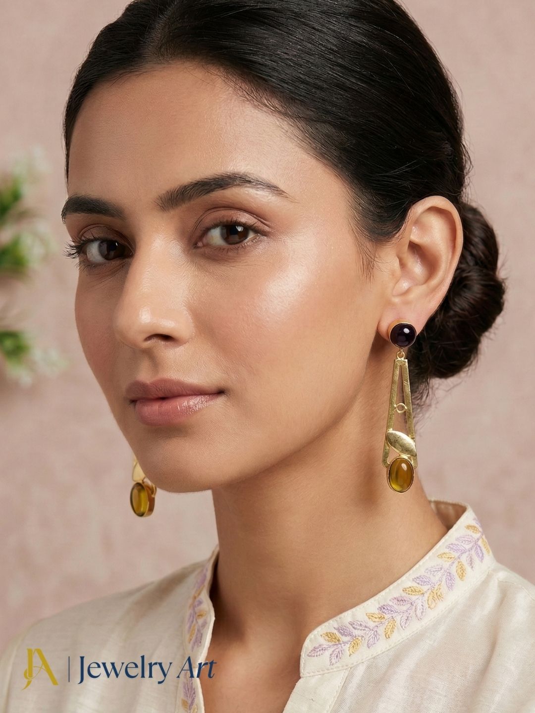 Handcrafted Gold Plated Dangle Earrings – Amethyst-Chalcedony Semi Precious Stone Light weight Jewelry