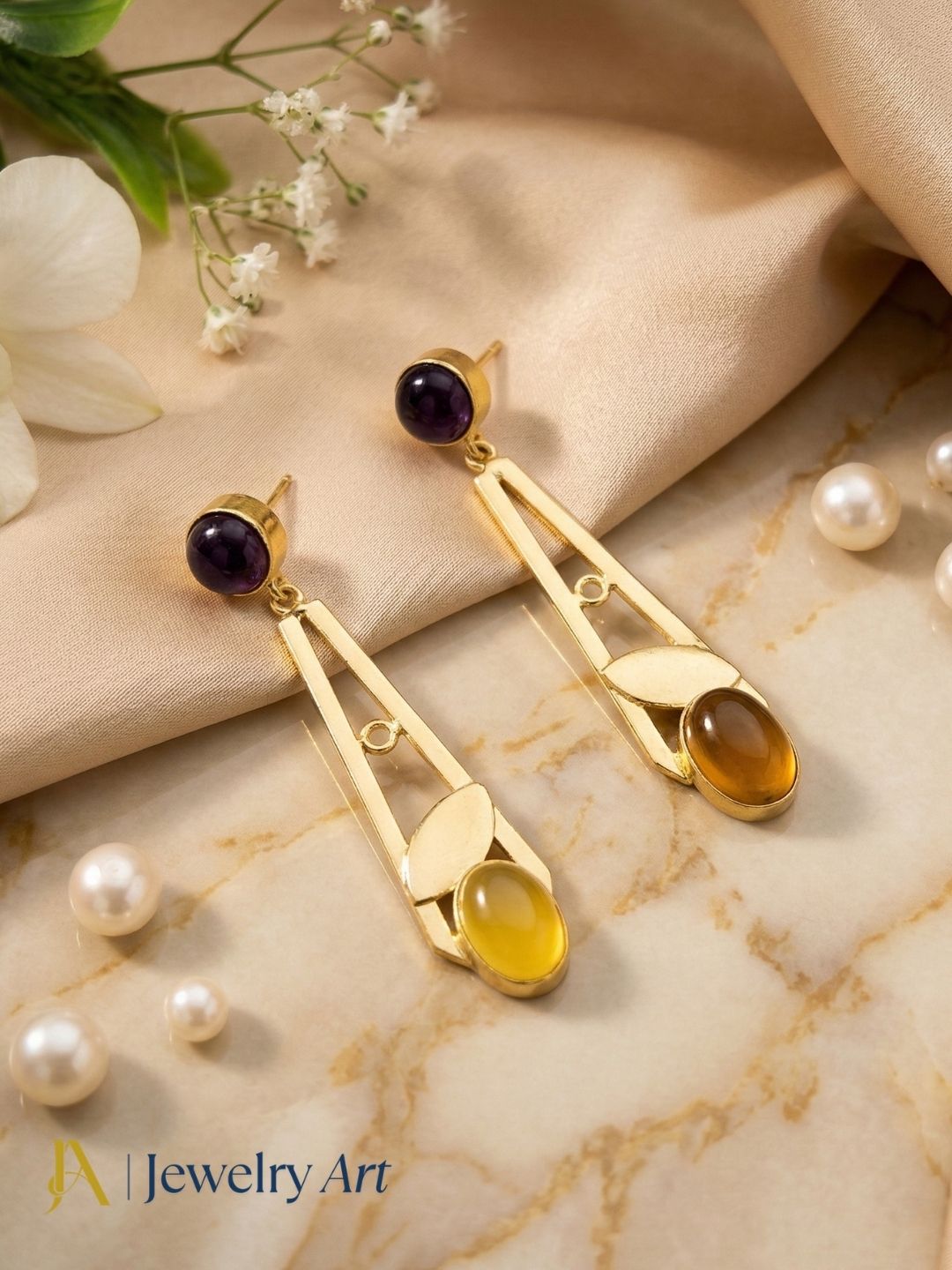 Designer gold plated dangle earrings with amethyst and chalcedony gemstones, light weight handmade jewelry
