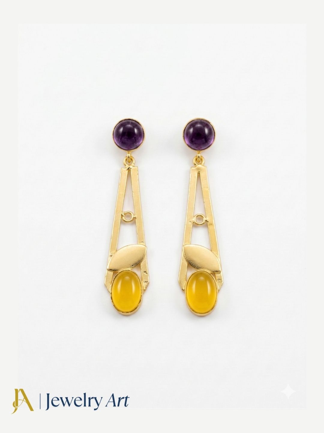 Handcrafted Gold Plated Dangle Earrings – Amethyst-Chalcedony Semi Precious Stone Light weight Jewelry