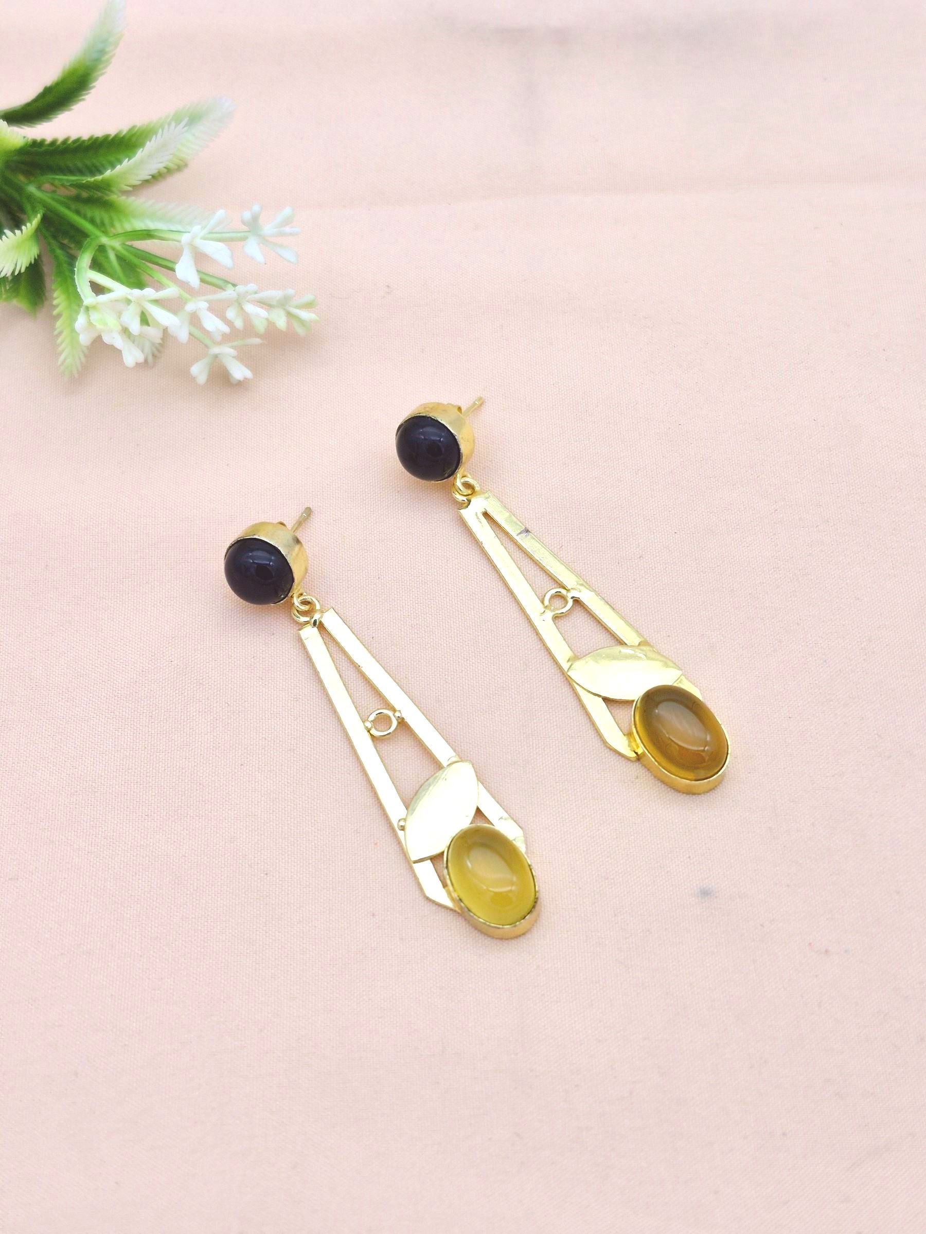 Handcrafted Gold Plated Dangle Earrings – Amethyst-Chalcedony Semi Precious Stone Light weight Jewelry