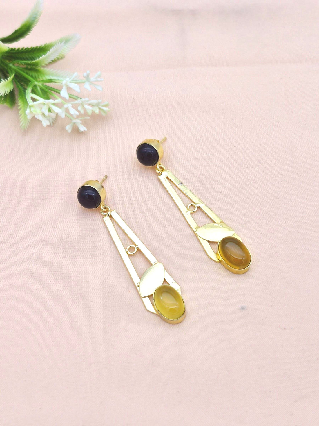 Handcrafted Gold Plated Dangle Earrings – Amethyst-Chalcedony Semi Precious Stone Light weight Jewelry