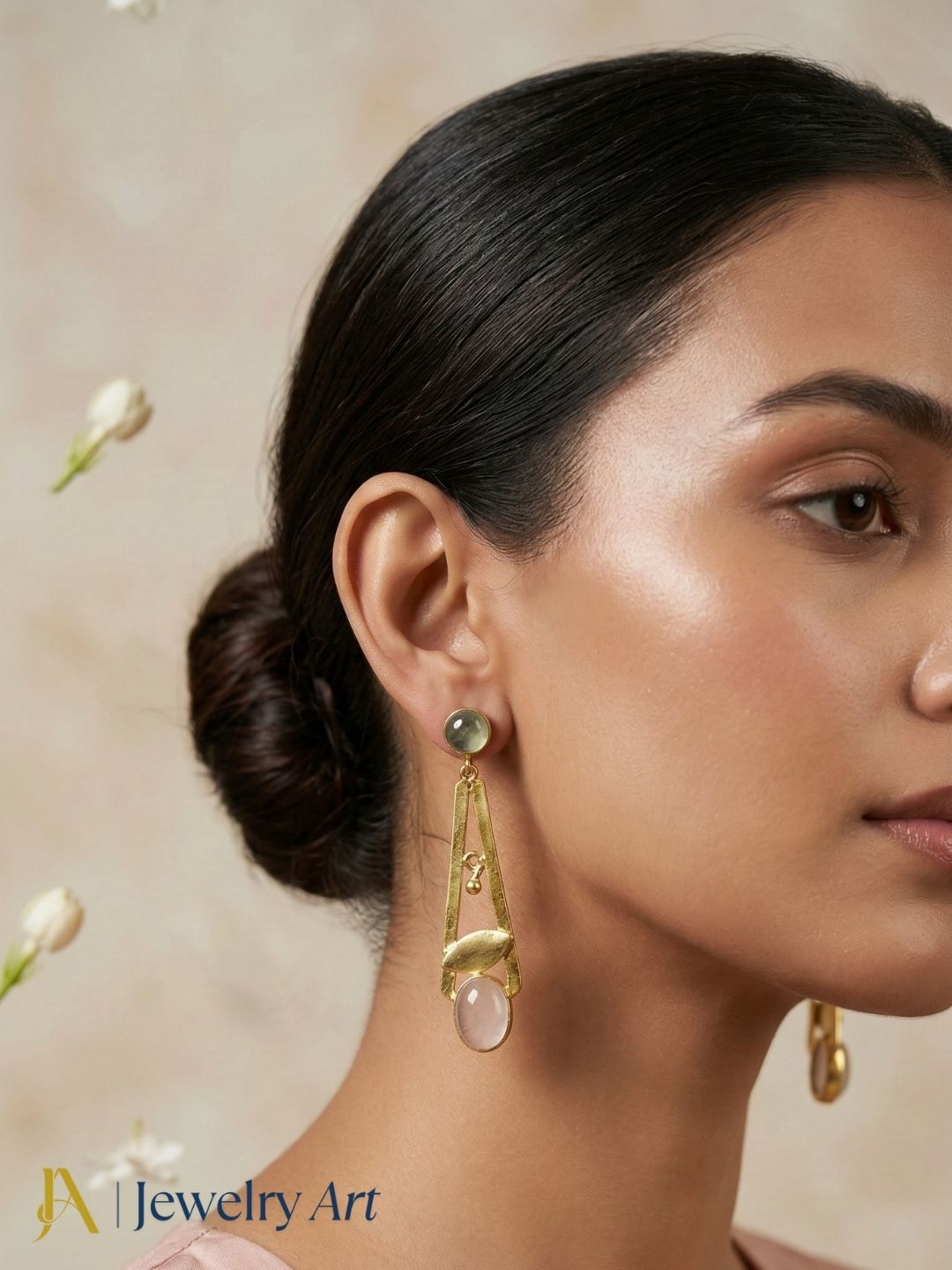 Handcrafted gold plated dangle earrings with prehnite and rose quartz semi precious stones, light weight elegant jewelry for women
