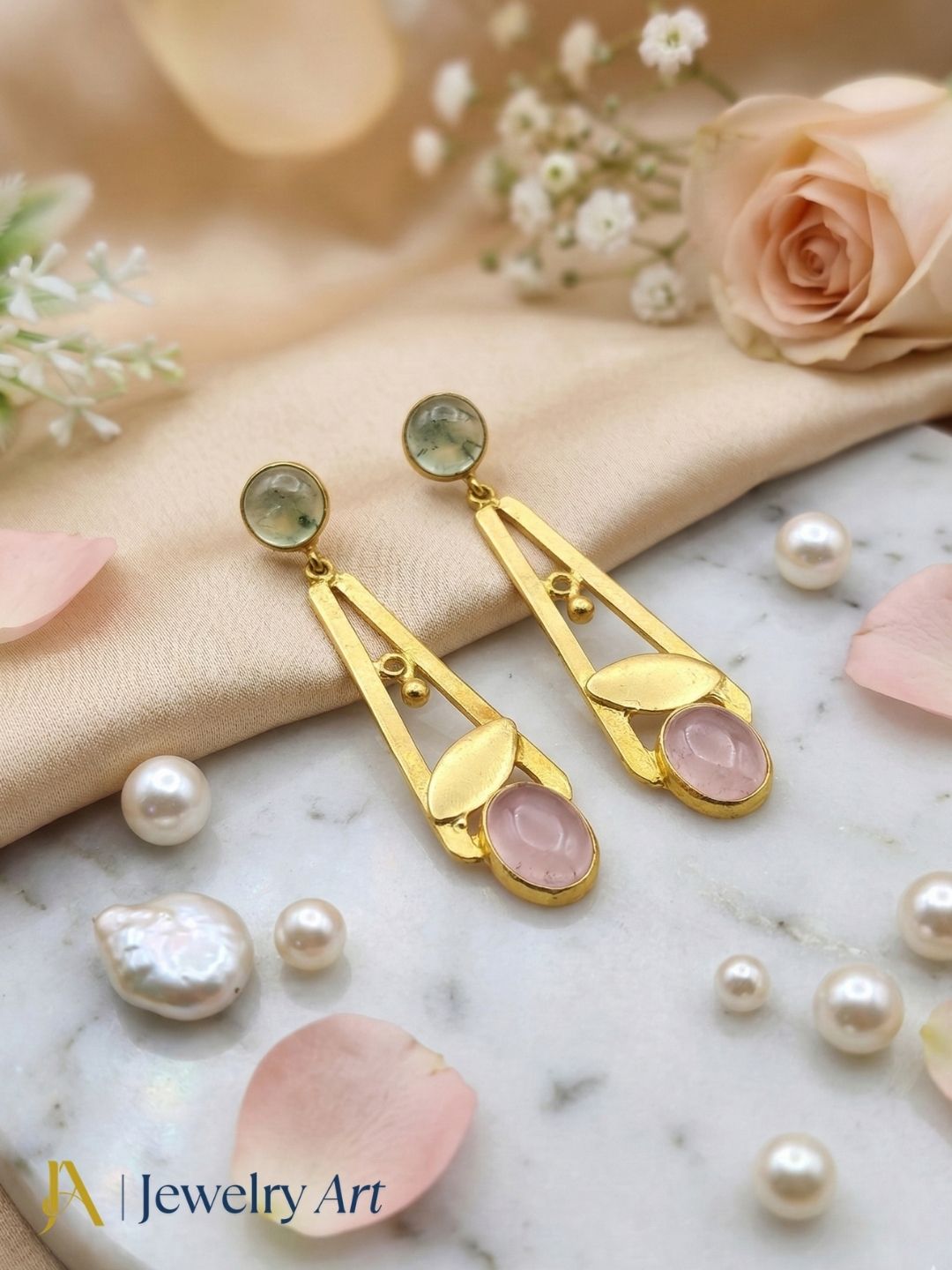Handcrafted Gold Plated Dangle Earrings – Prehnite-Rose Quartz Semi Precious Stone Light weight Jewelry