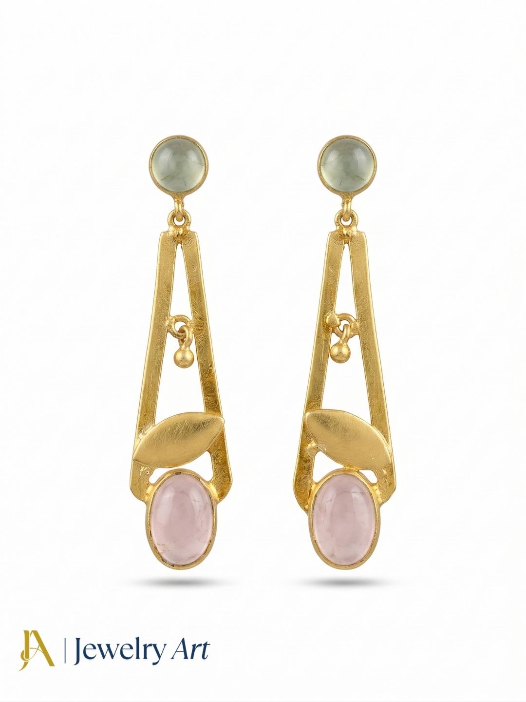 Handcrafted Gold Plated Dangle Earrings – Prehnite-Rose Quartz Semi Precious Stone Light weight Jewelry
