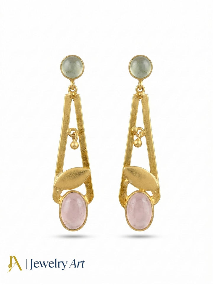 Handcrafted Gold Plated Dangle Earrings – Prehnite-Rose Quartz Semi Precious Stone Light weight Jewelry