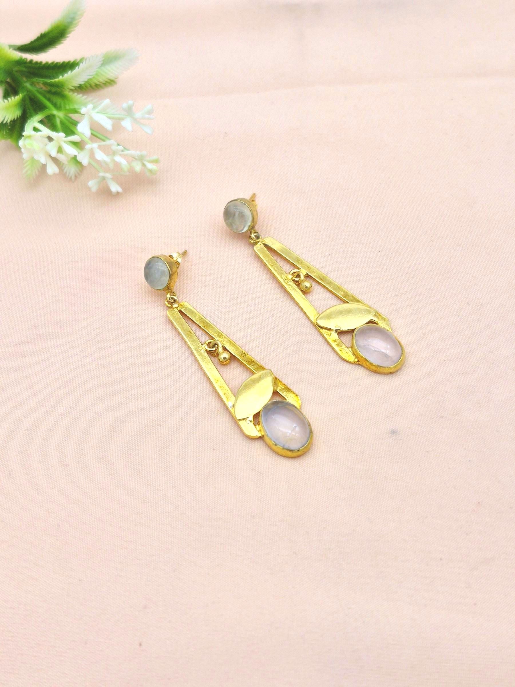 Handcrafted Gold Plated Dangle Earrings – Prehnite-Rose Quartz Semi Precious Stone Light weight Jewelry