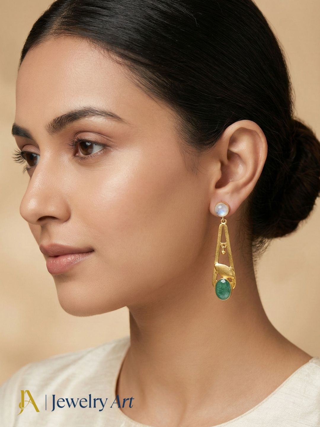 Designer gold plated  dangle earrings with white rainbow and green Hathipara gemstones, light weight handmade jewelry
