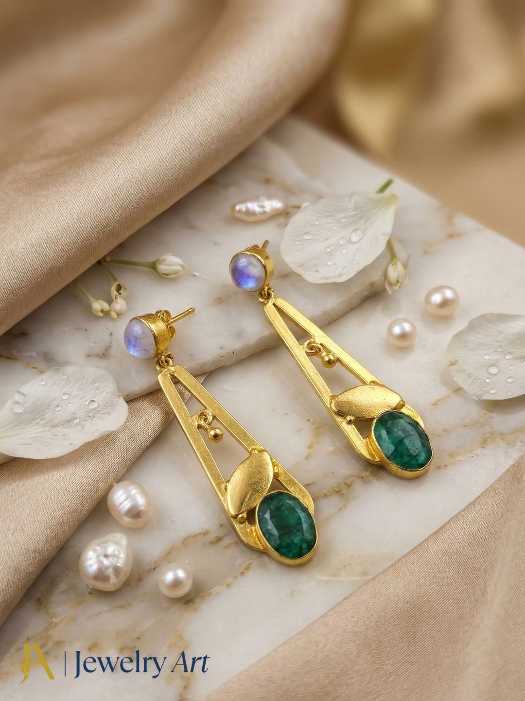 Handcrafted Gold Plated Dangle Earrings – White Rainbow Green Hathipara Semi Precious Stone Light weight Jewelry