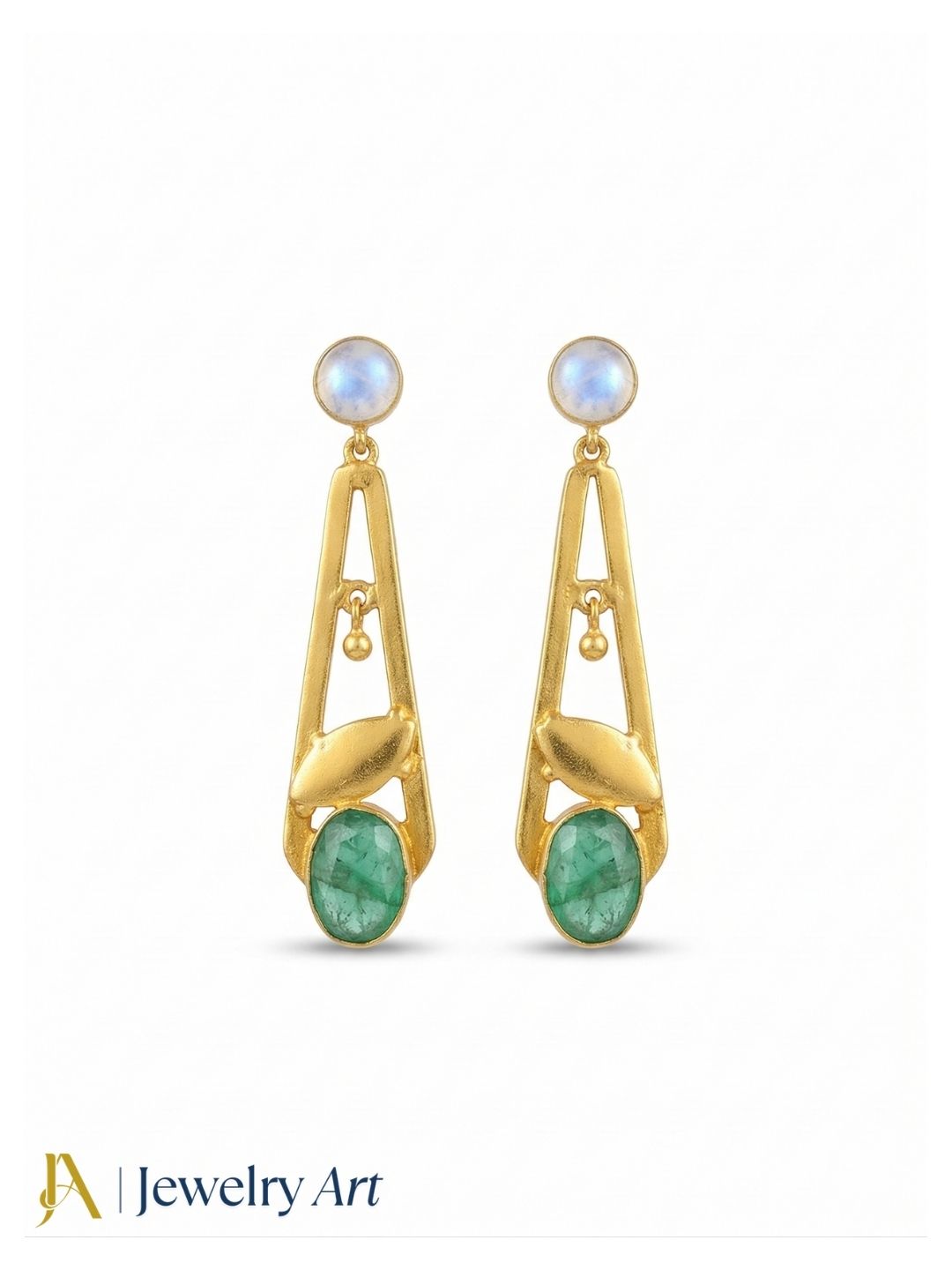 Handcrafted Gold Plated Dangle Earrings – White Rainbow Green Hathipara Semi Precious Stone Light weight Jewelry