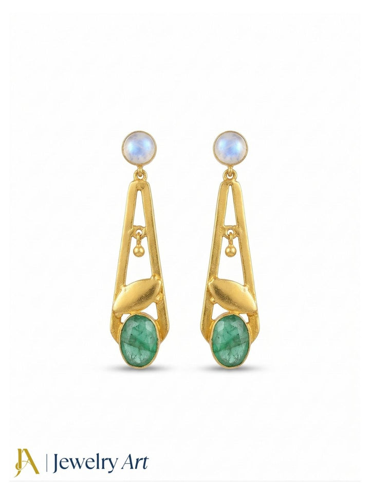 Handcrafted Gold Plated Dangle Earrings – White Rainbow Green Hathipara Semi Precious Stone Light weight Jewelry