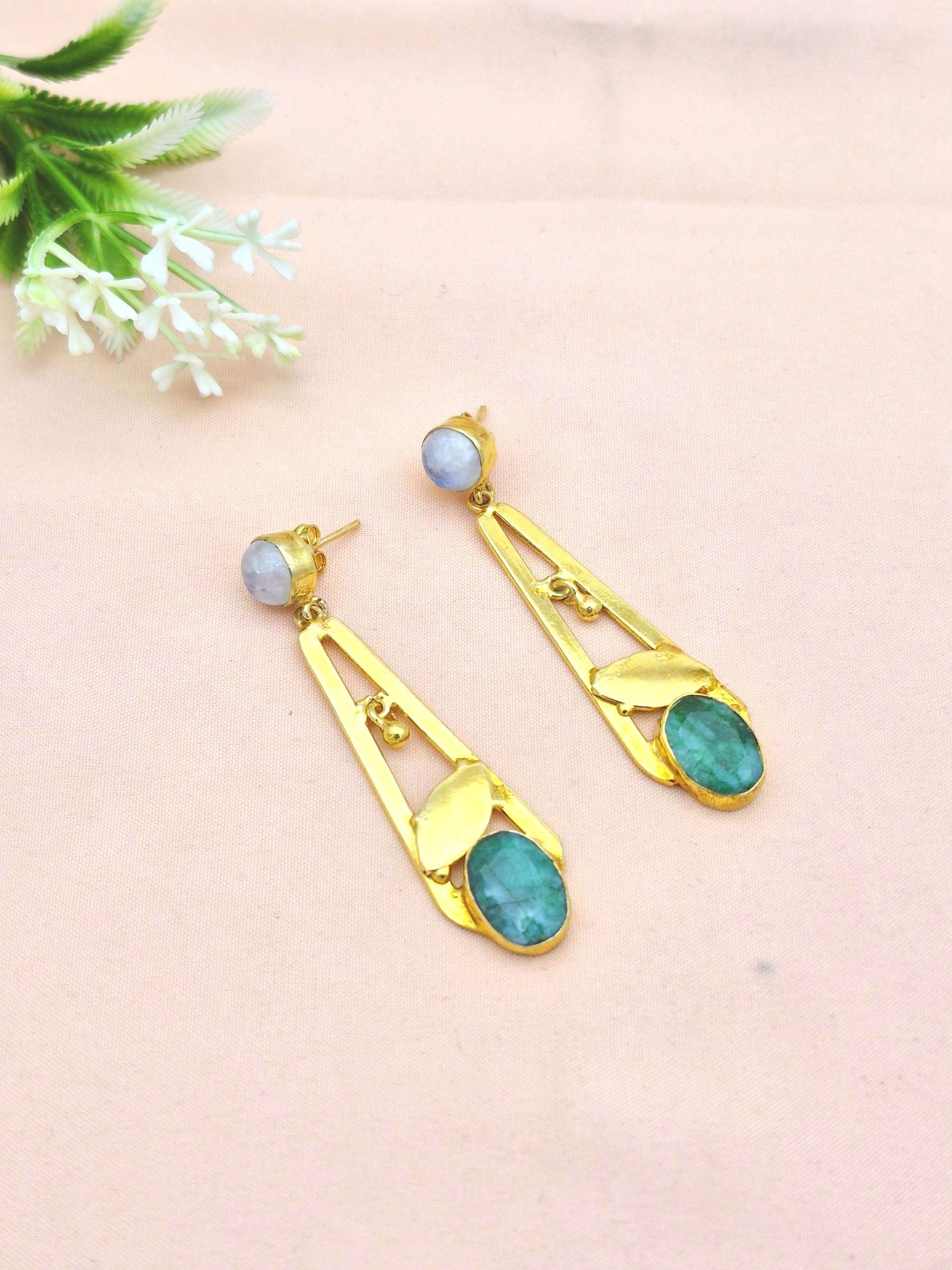 Handcrafted Gold Plated Dangle Earrings – White Rainbow Green Hathipara Semi Precious Stone Light weight Jewelry