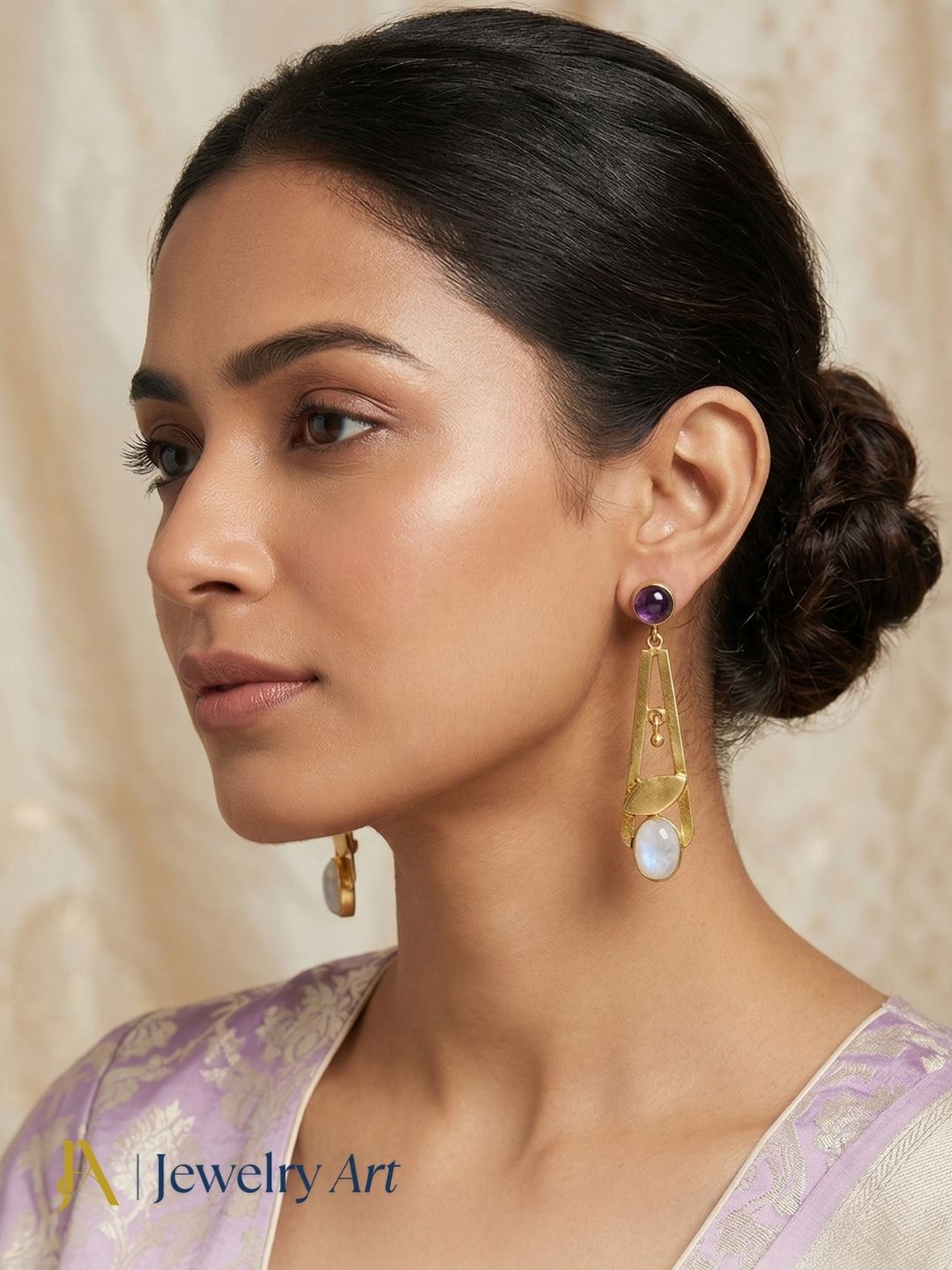 Handcrafted Gold Plated Dangle Earrings – Amethyst-White Rainbow Semi Precious Stone Light weight Jewelry