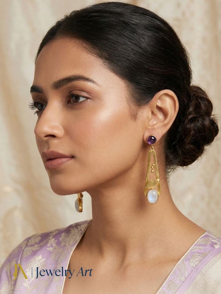 Handcrafted Gold Plated Dangle Earrings – Amethyst-White Rainbow Semi Precious Stone Light weight Jewelry