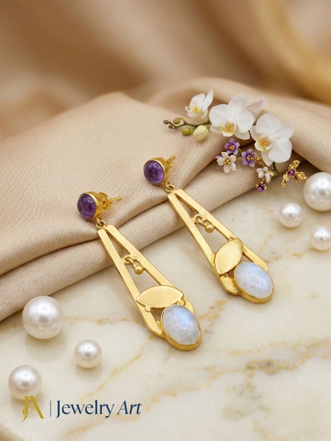 Handcrafted Gold Plated Dangle Earrings – Amethyst-White Rainbow Semi Precious Stone Light weight Jewelry