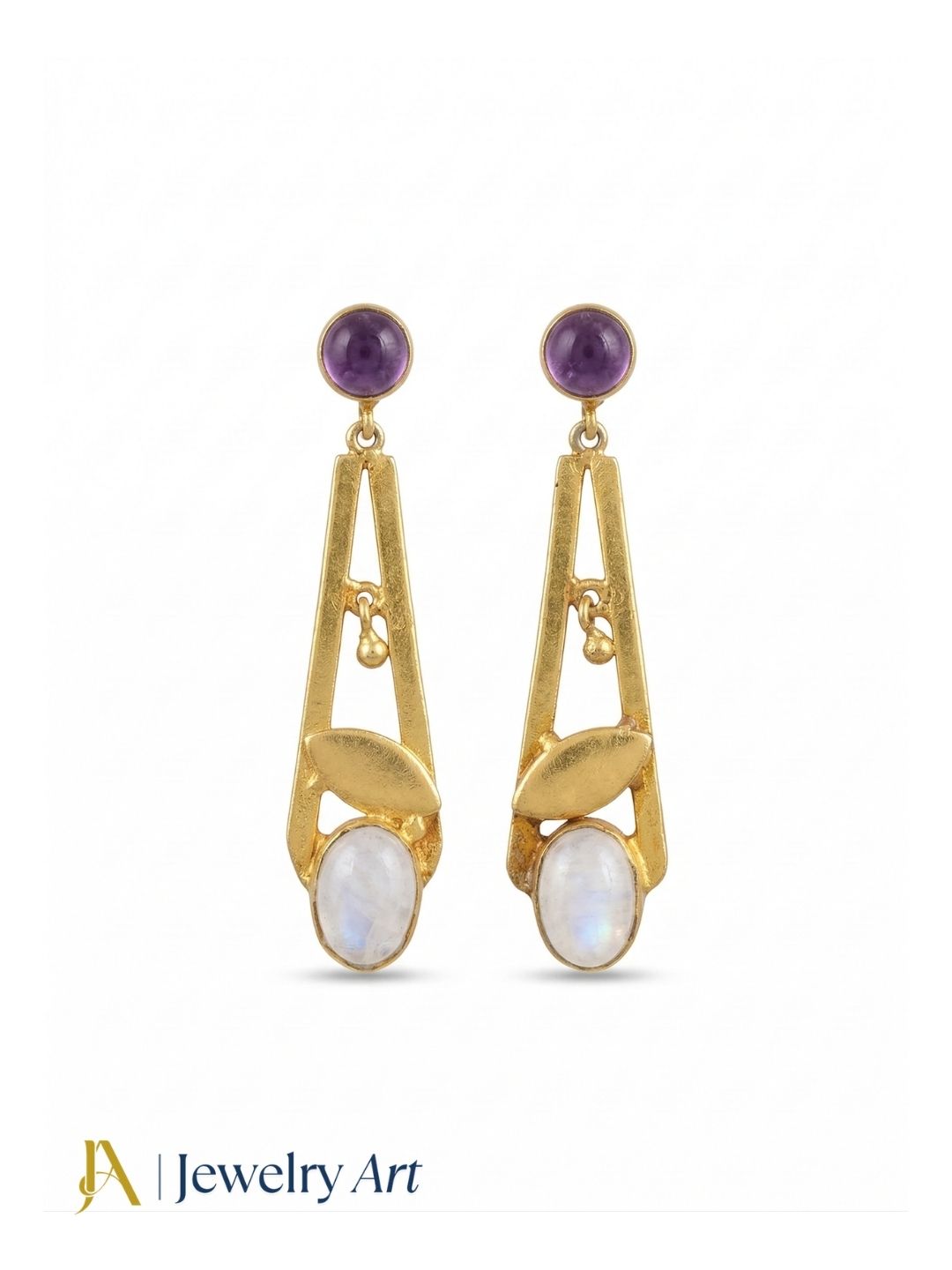 Handcrafted Gold Plated Dangle Earrings – Amethyst-White Rainbow Semi Precious Stone Light weight Jewelry
