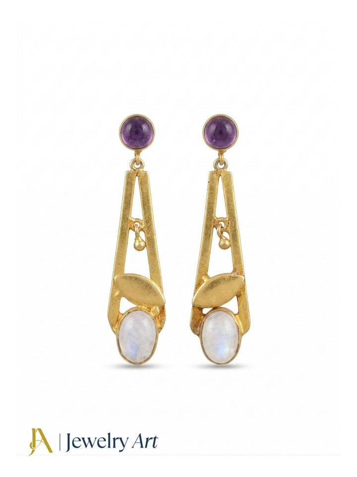 Handcrafted Gold Plated Dangle Earrings – Amethyst-White Rainbow Semi Precious Stone Light weight Jewelry