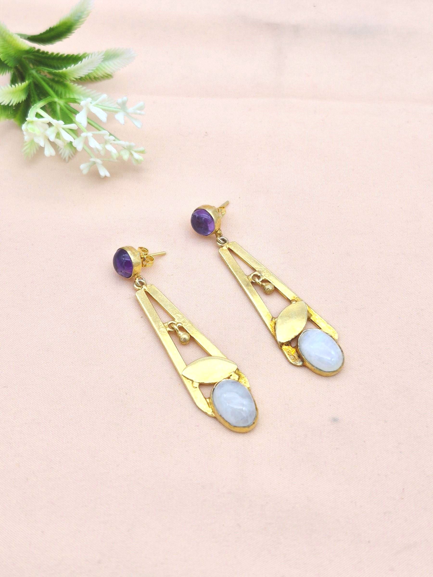 Handcrafted gold plated Dangle Earrings, Amethyst- White Rainbow Semi Precious stones Light Weight Jewelry
