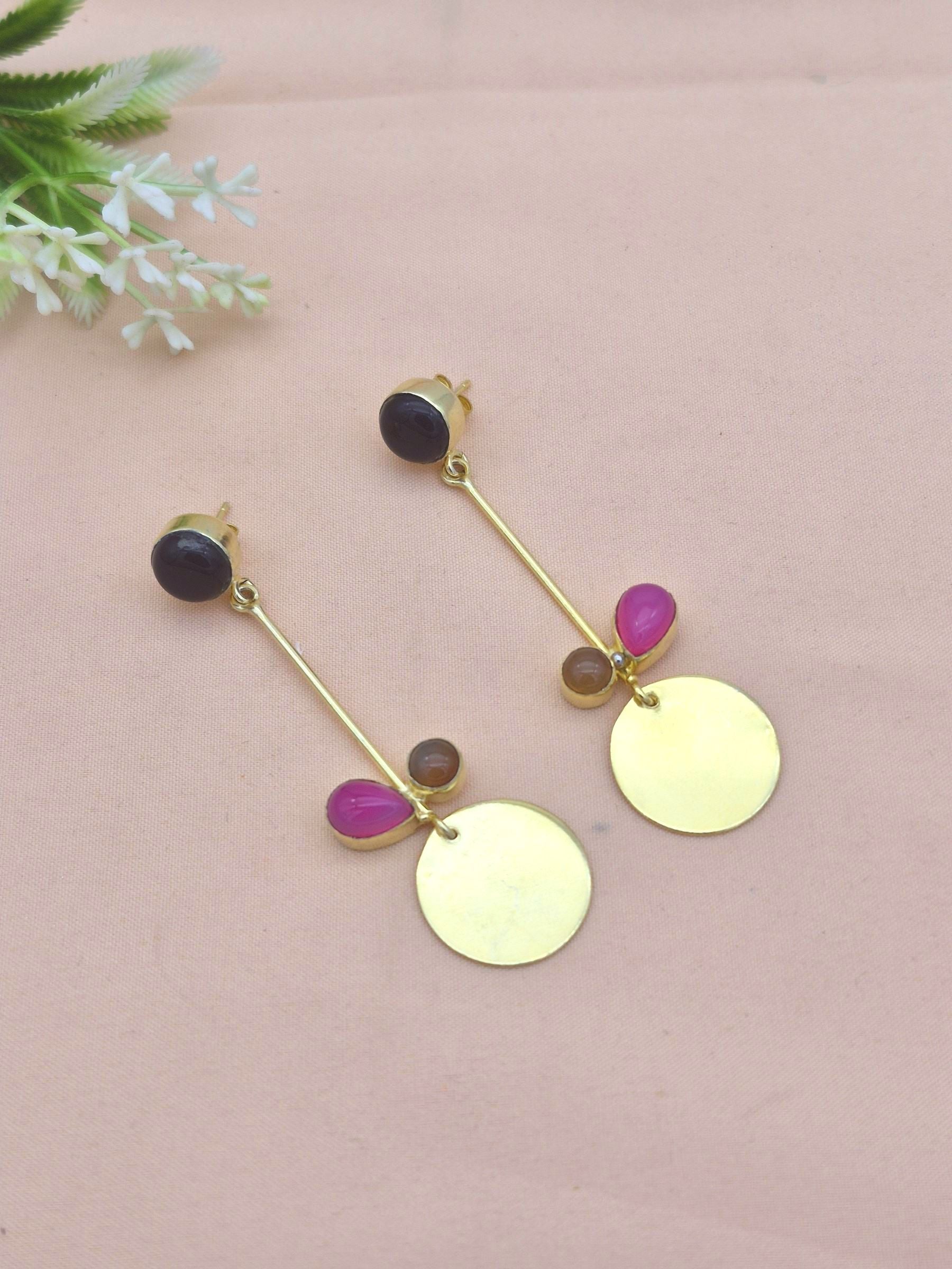 Charming Gold Plated Dangle Earrings – Semi Precious Stone Light weight Jewelry