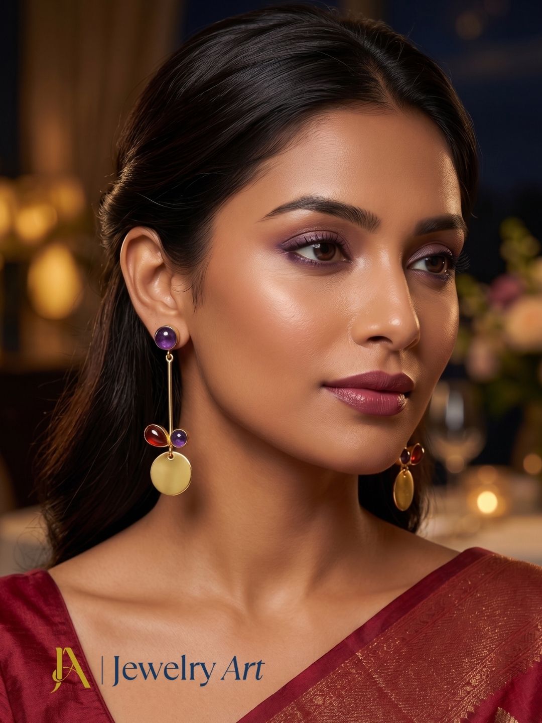 Woman wearing gold plated amethyst and red onyx dangle earrings with elegant styling
