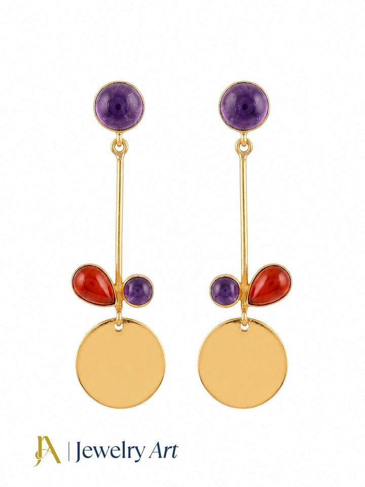 Lightweight dangle earrings with amethyst and red onyx semi precious stones
