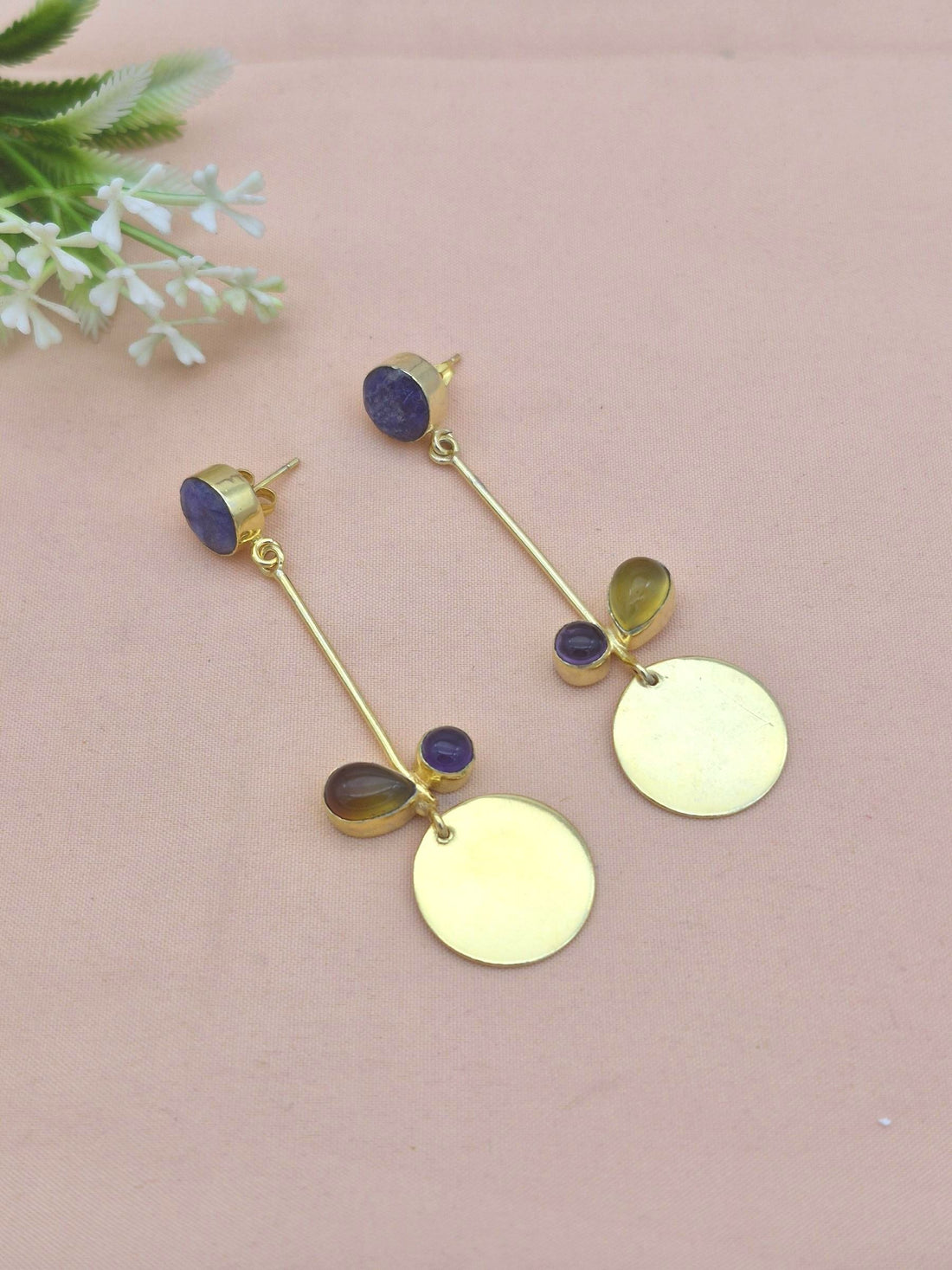 Charming Gold Plated Dangle Earrings – Semi Precious Stone Light weight Jewelry
