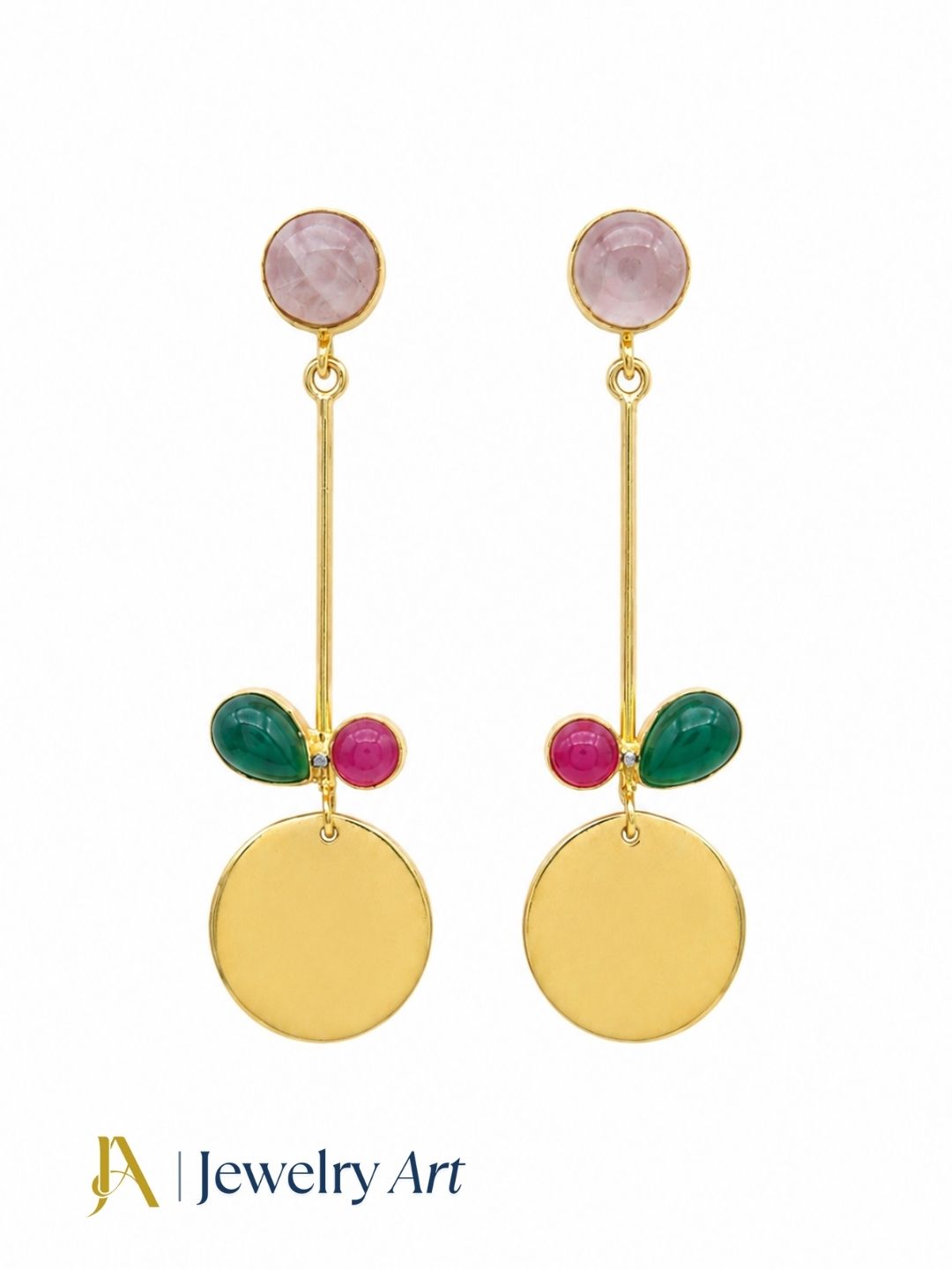 Designer multi gemstone earrings with rose quartz and onyx stones on pure white background
