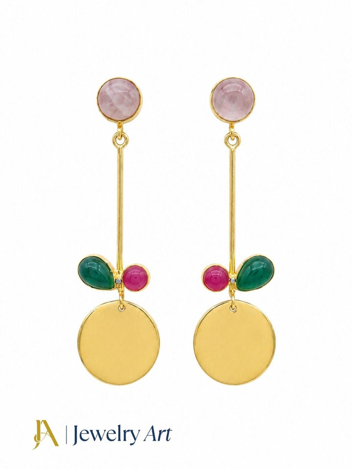 Designer multi gemstone earrings with rose quartz and onyx stones on pure white background
