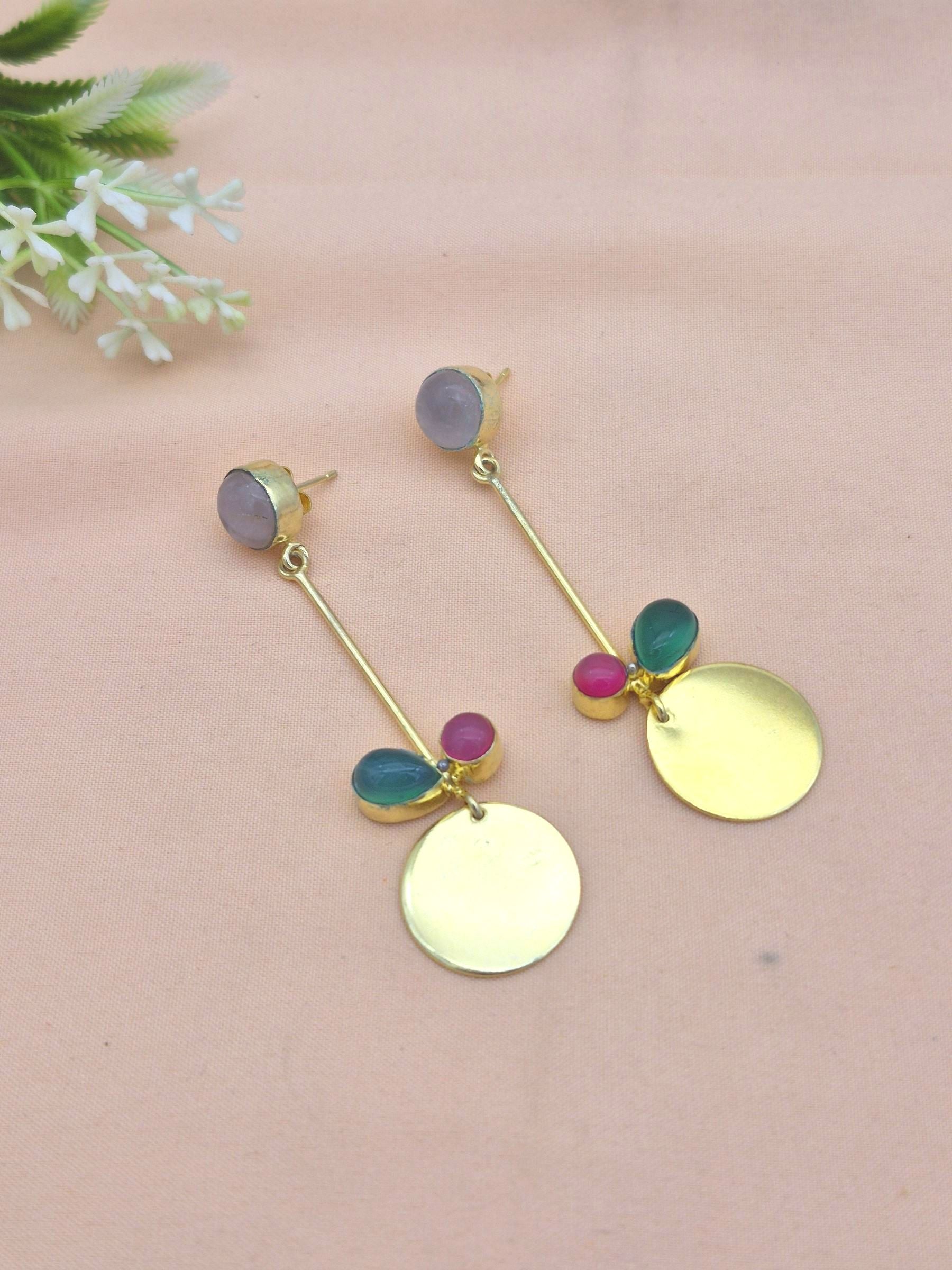 Charming Gold Plated Dangle Earrings – Semi Precious Stone Light weight Jewelry