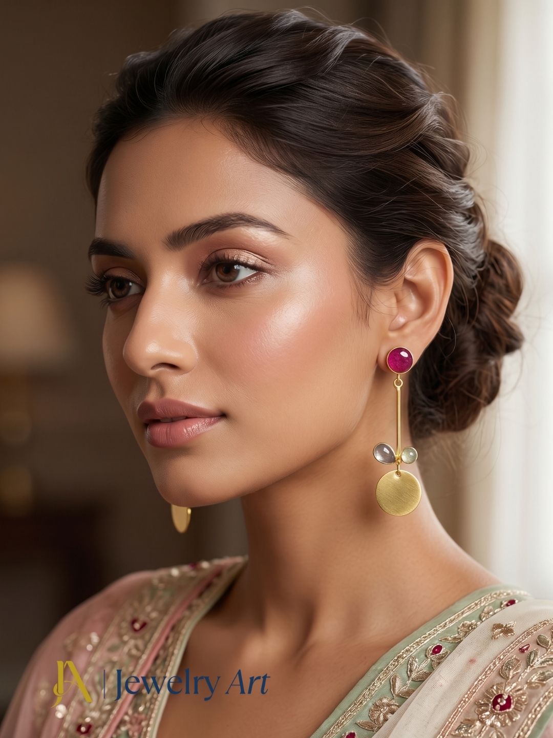 Woman styling Red Hathipara, rose quartz and prehnite earrings with elegance
