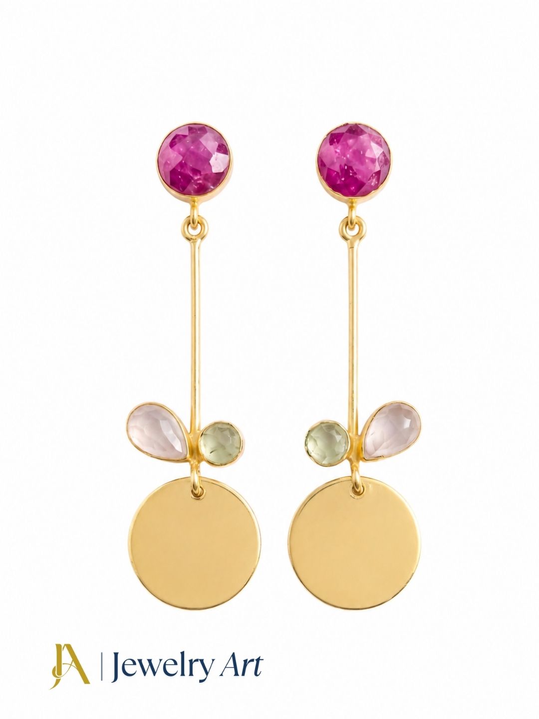 Gold plated Red Hathipara, rose quartz and prehnite earrings on white background, lightweight jewelry

