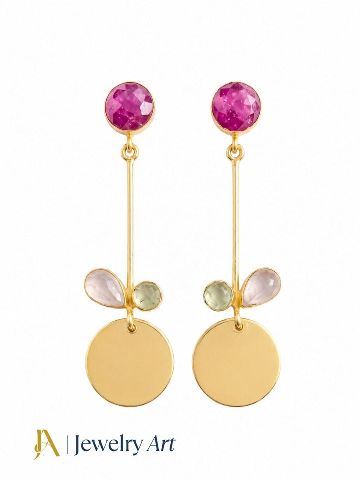 Gold plated Red Hathipara, rose quartz and prehnite earrings on white background, lightweight jewelry
