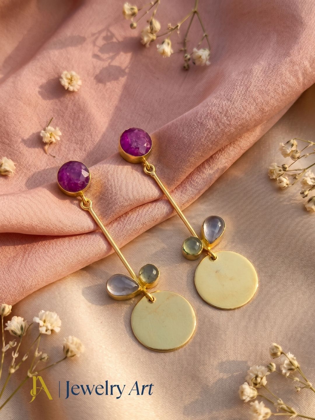 Gold plated Red Hathipara, rose quartz and prehnite earrings in decorative jewelry styling
