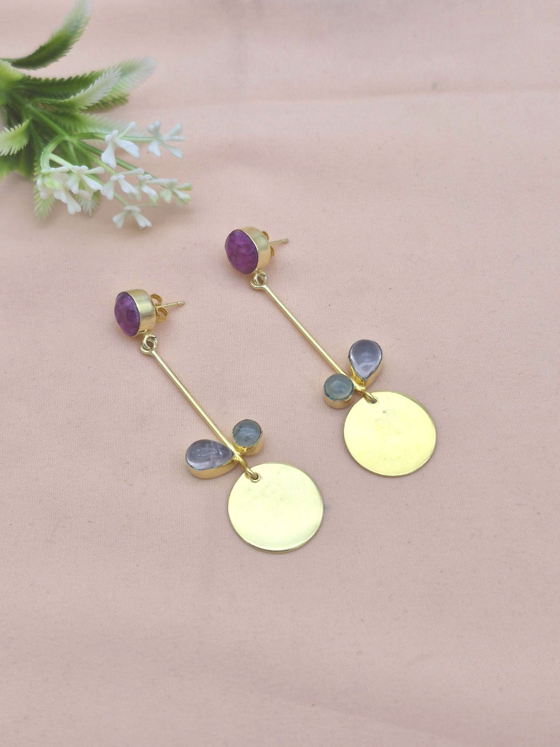 Charming Gold Plated Dangle Earrings – Semi Precious Stone Light weight Jewelry