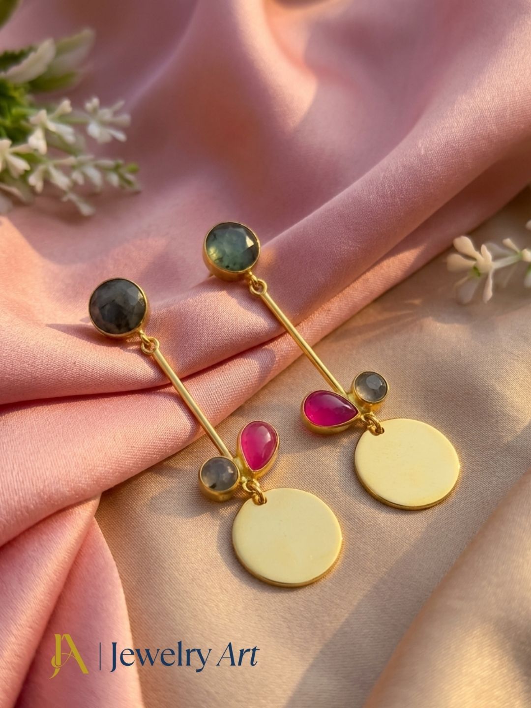 Luxury multi gemstone earrings featured in decorative product photography
