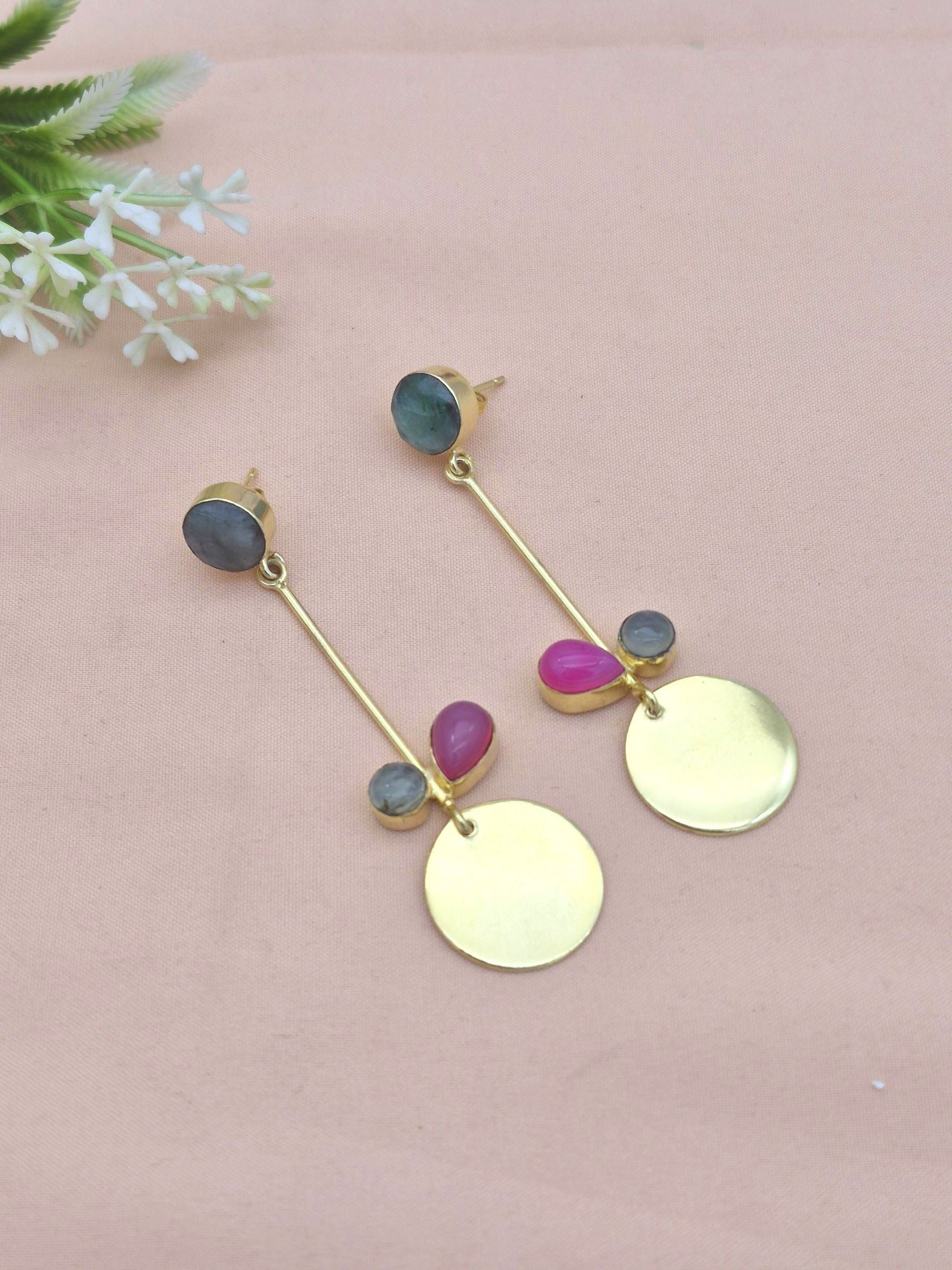 Charming Gold Plated Dangle Earrings – Semi Precious Stone Light weight Jewelry
