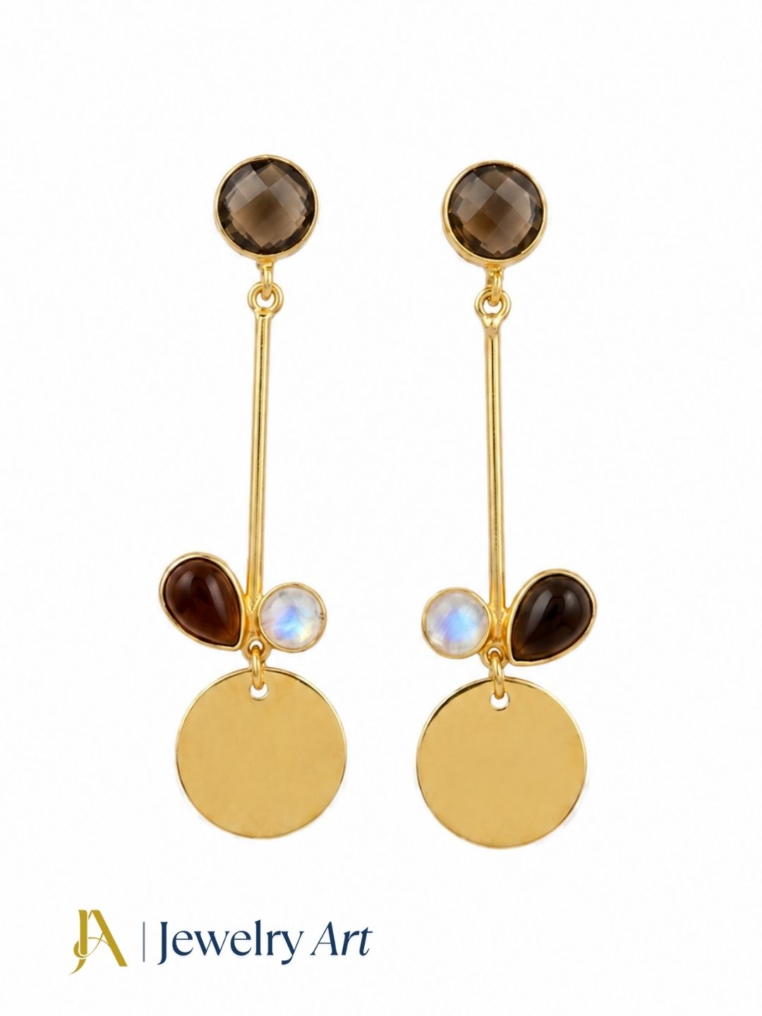 Gold plated chalcedony, white rainbow and smoky quartz dangle earrings for women on white background
