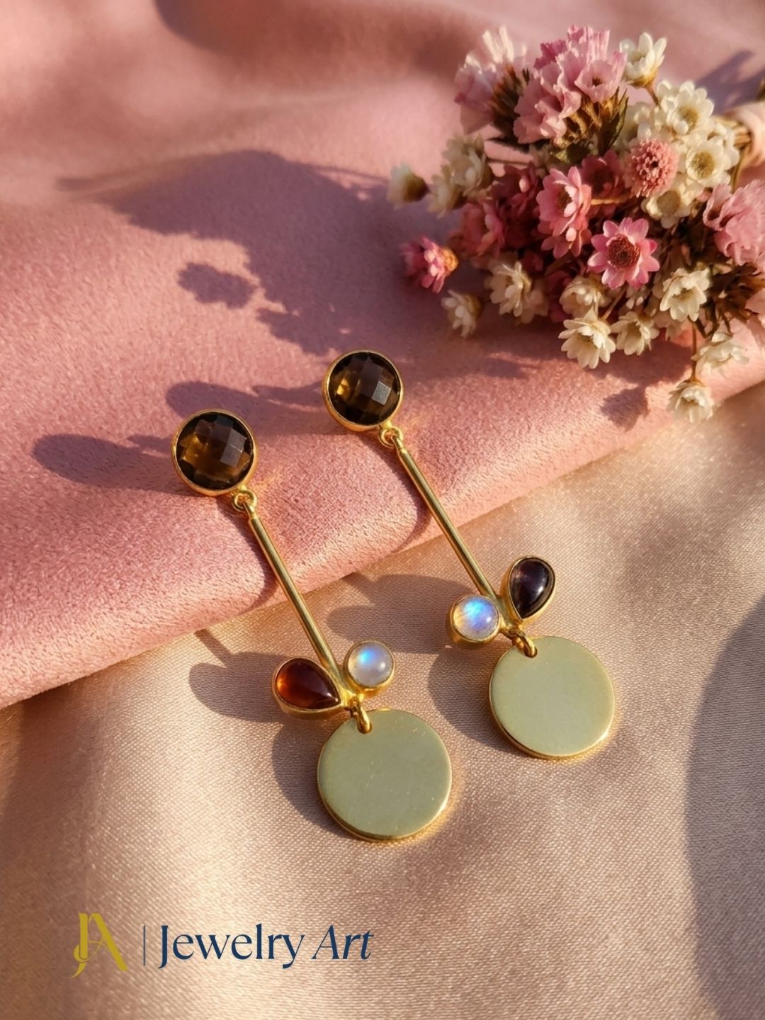 Charming Gold Plated Dangle Earrings – Chalcedony-White Rainbow-Smoky Semi Precious Stone Light weight Jewelry