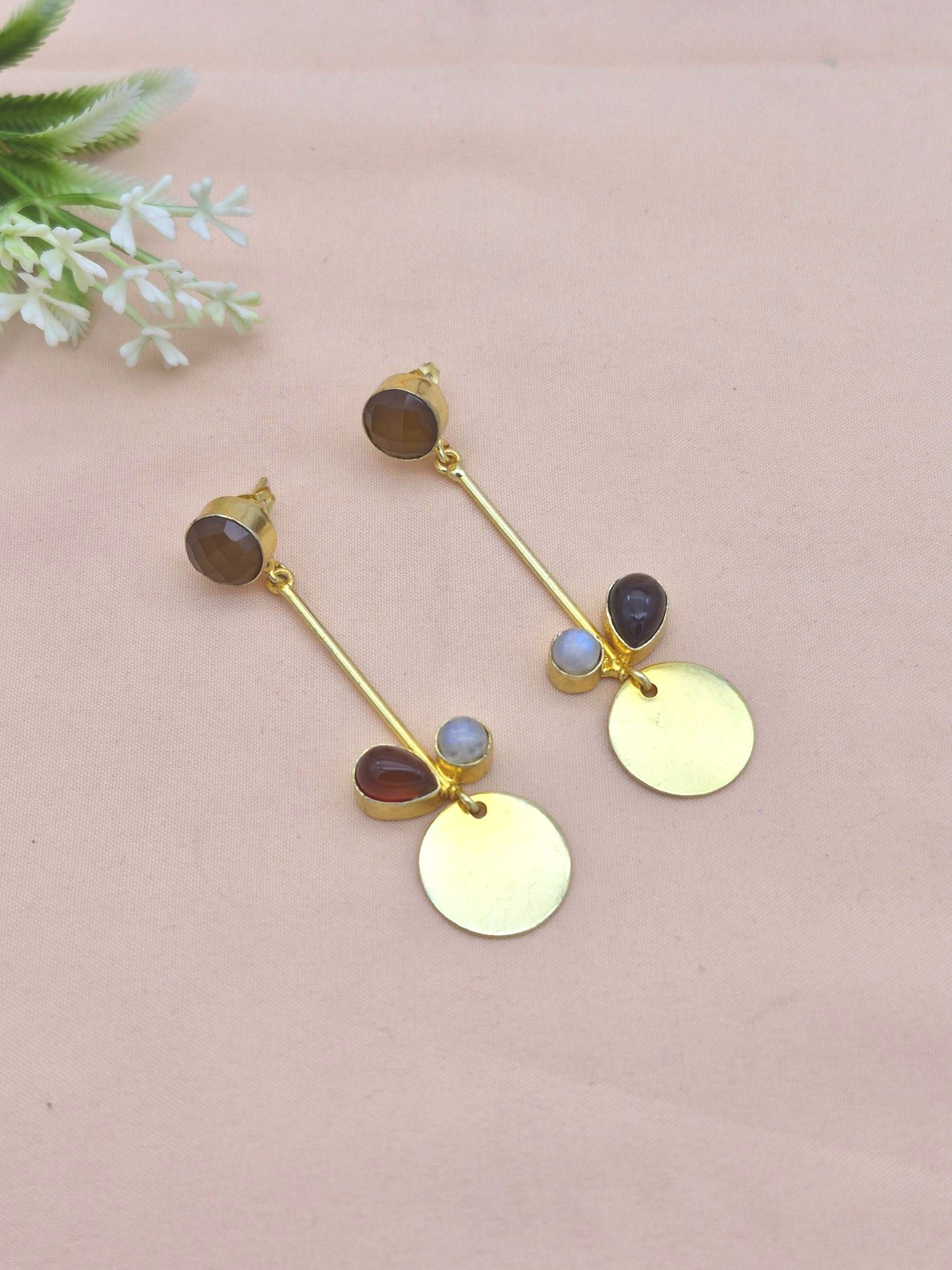 Charming Gold Plated Dangle Earrings – Semi Precious Stone Light weight Jewelry
