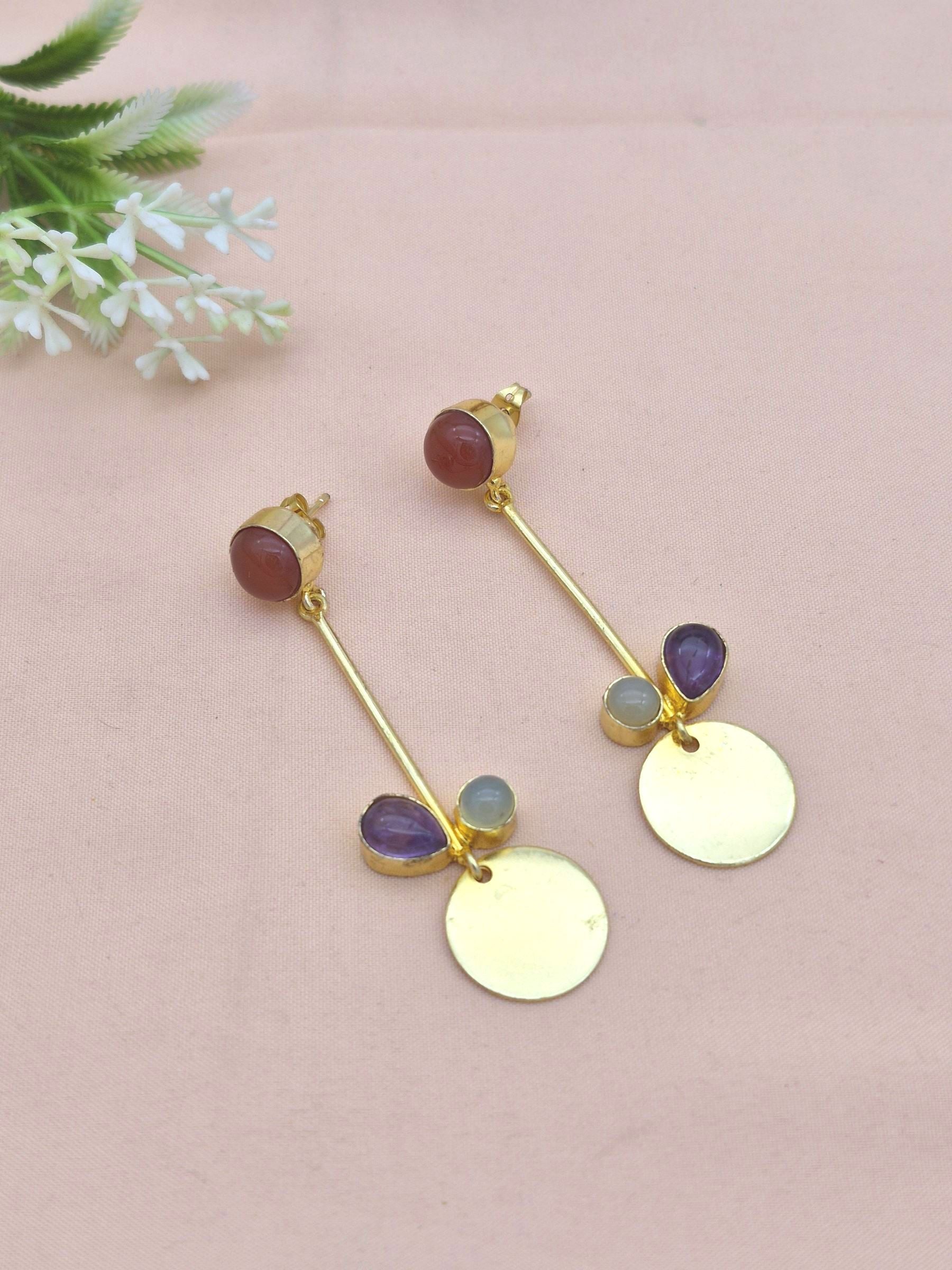 Charming Gold Plated Dangle Earrings – Semi Precious Stone Light weight Jewelry