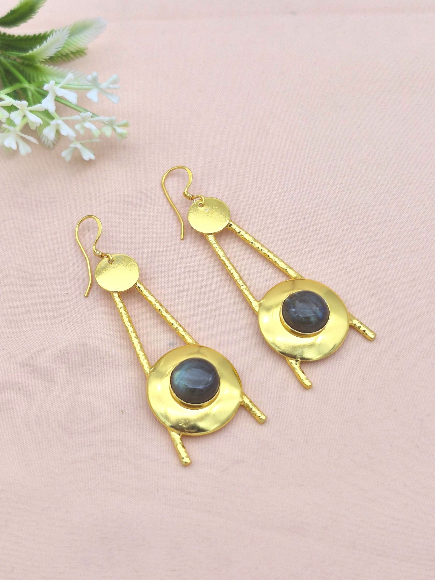 Gold plated Labradorite Dangle Earrings- Handmade Semi Precious Gemstone Jewelry