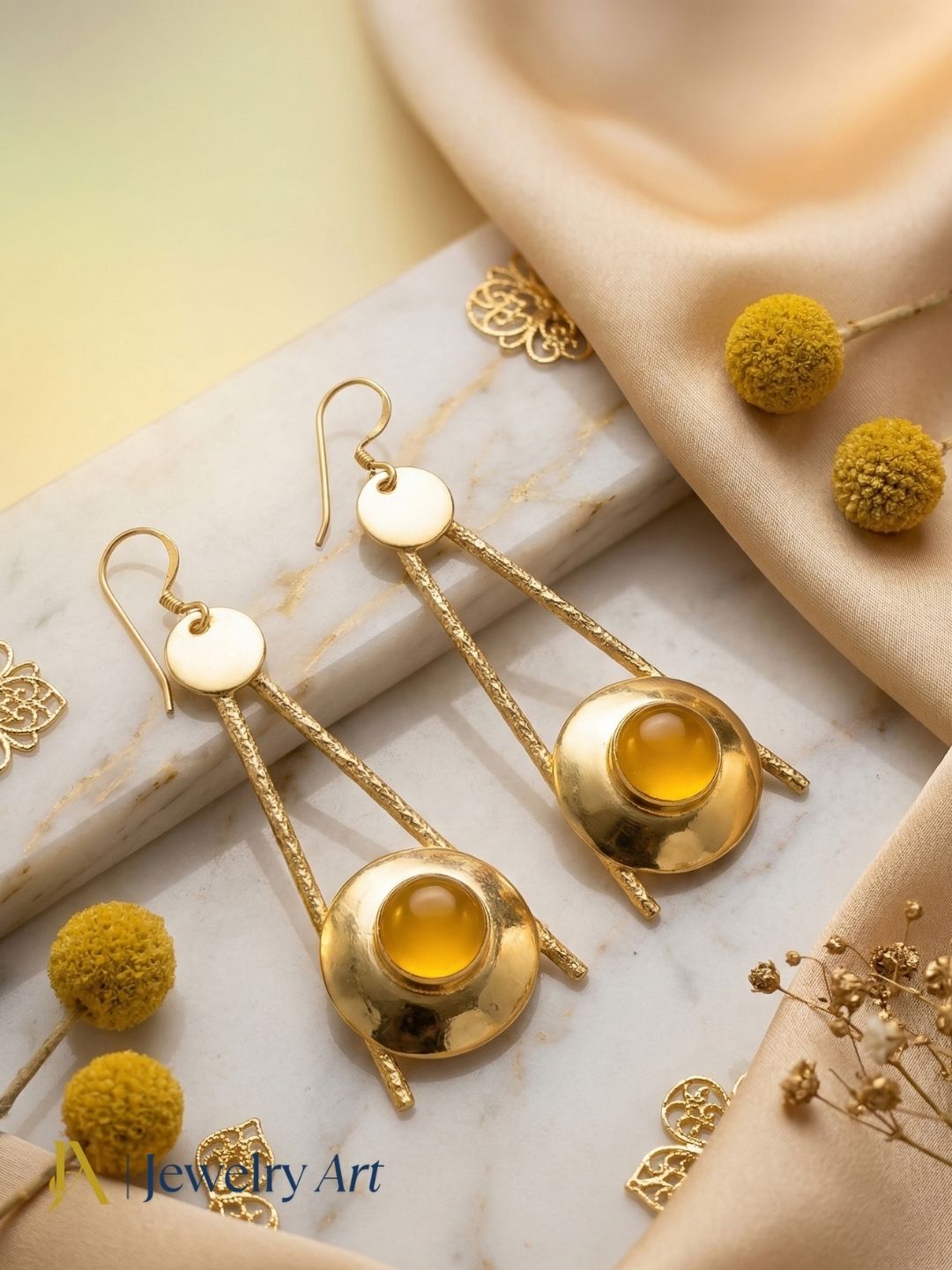 Gold plated Yellow Chalcedony Dangle Earrings-Handmade Semi Precious Stone Jewelry