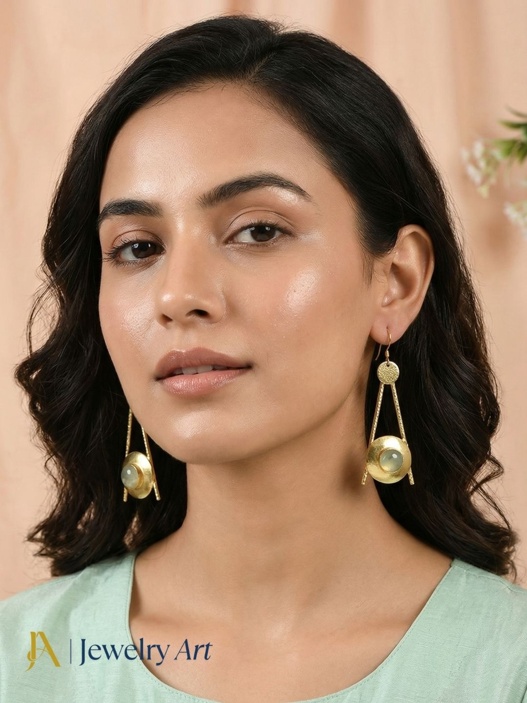 Gold tone drop earrings with prehnite gemstone pale green luminous finish
