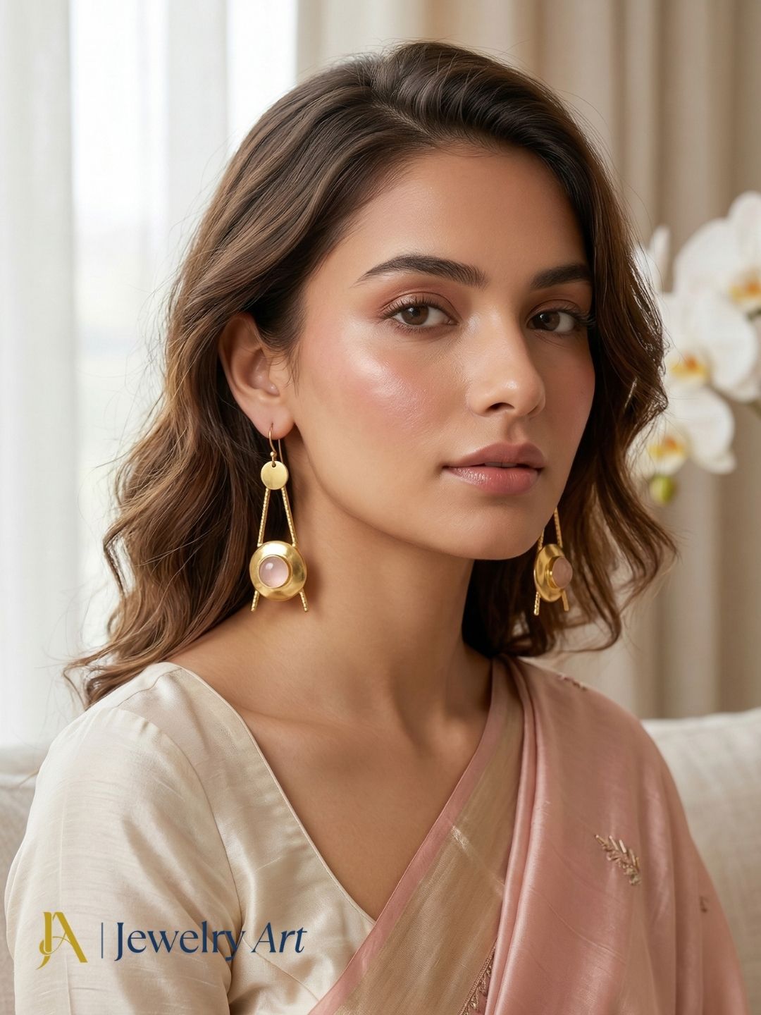 High fashion gold plated earrings with rose quartz gemstone romantic elegance
