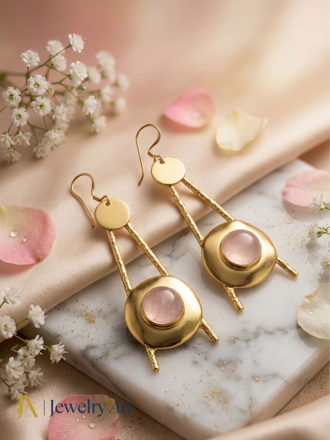 Stylish Rose Quartz Dangle Earrings-Gold plated Handmade Jewelry for Women