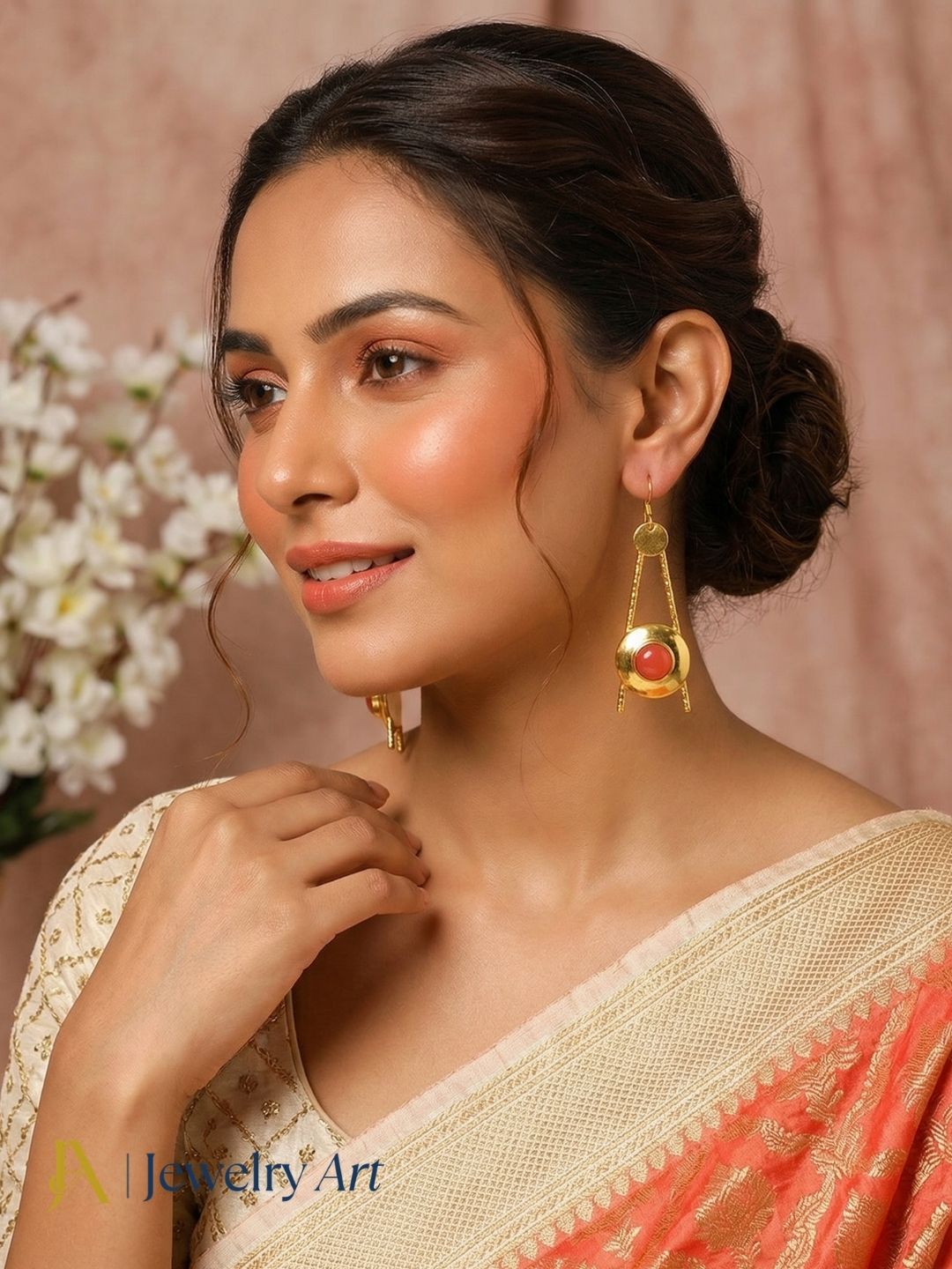 Luxury inspired earrings with coral gemstone smooth polish glow 
