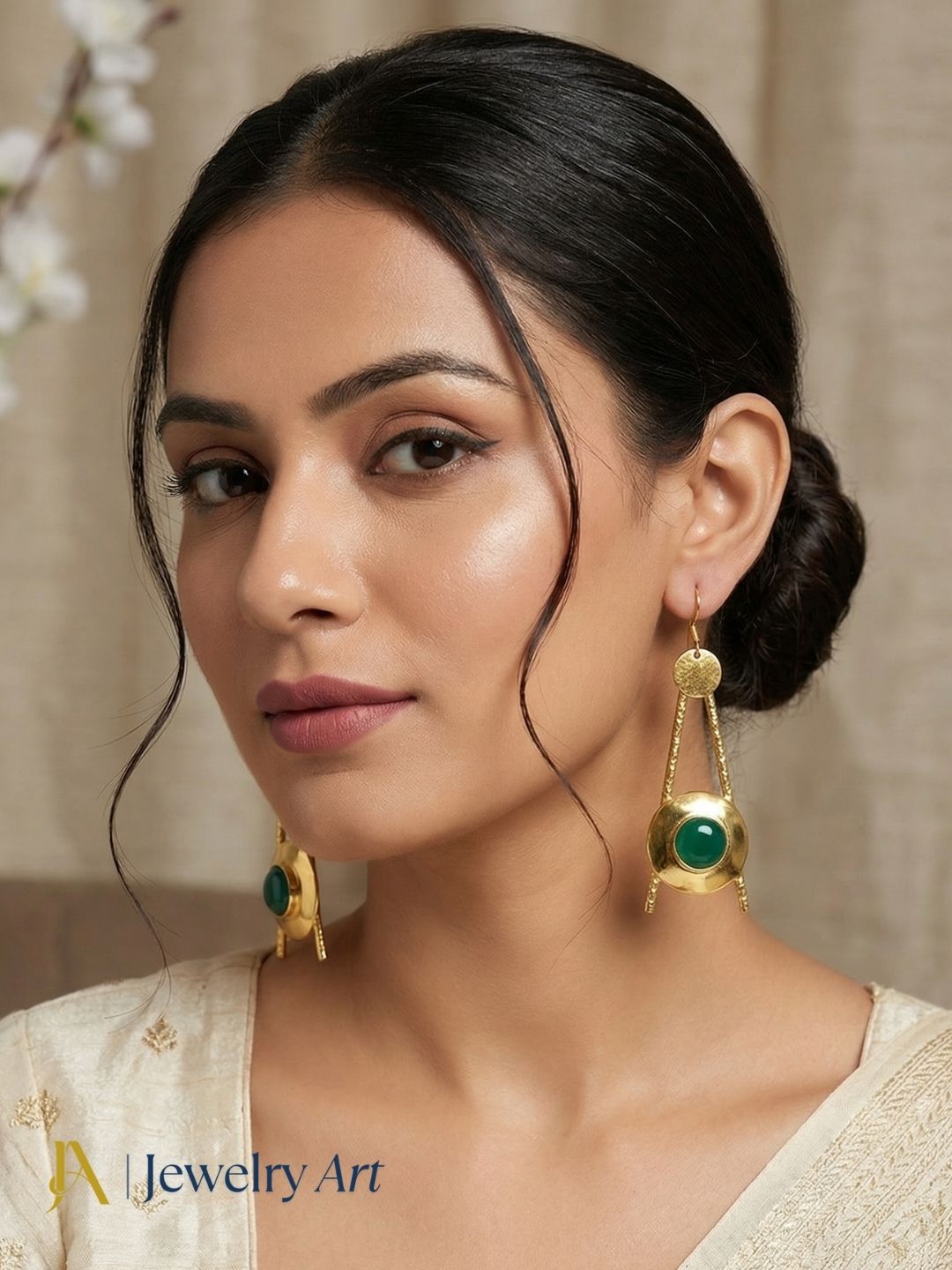 Premium style earrings with green onyx gemstone polished rich green shine  
