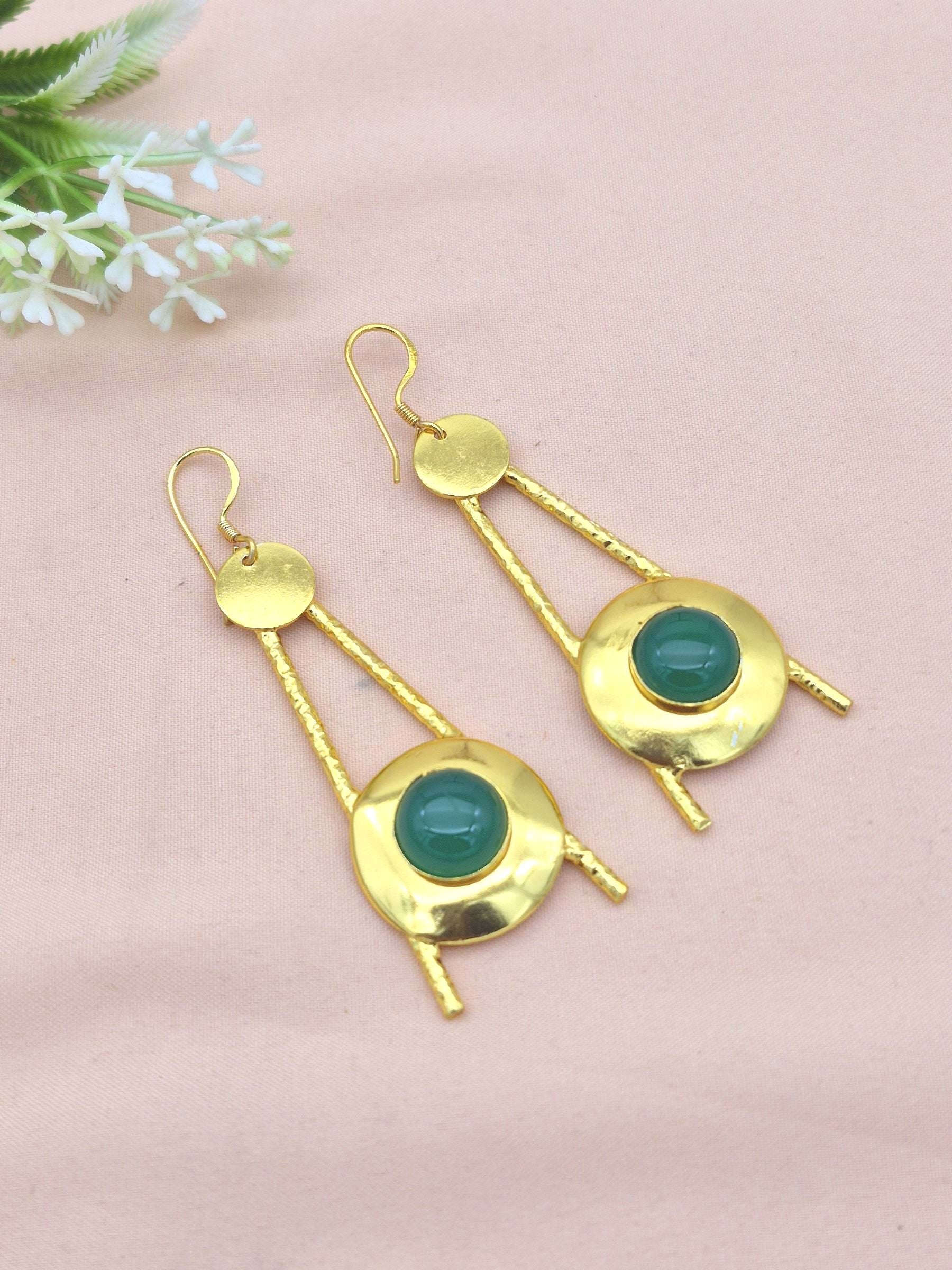 Stylish Green Onyx Dangle Earrings- Gold plated Handmade Jewelry for Women
