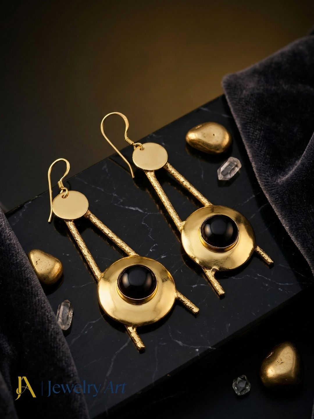 Handcrafted Black Onyx Dangle Earrings - Gold plated Elegant Jewelry for Women