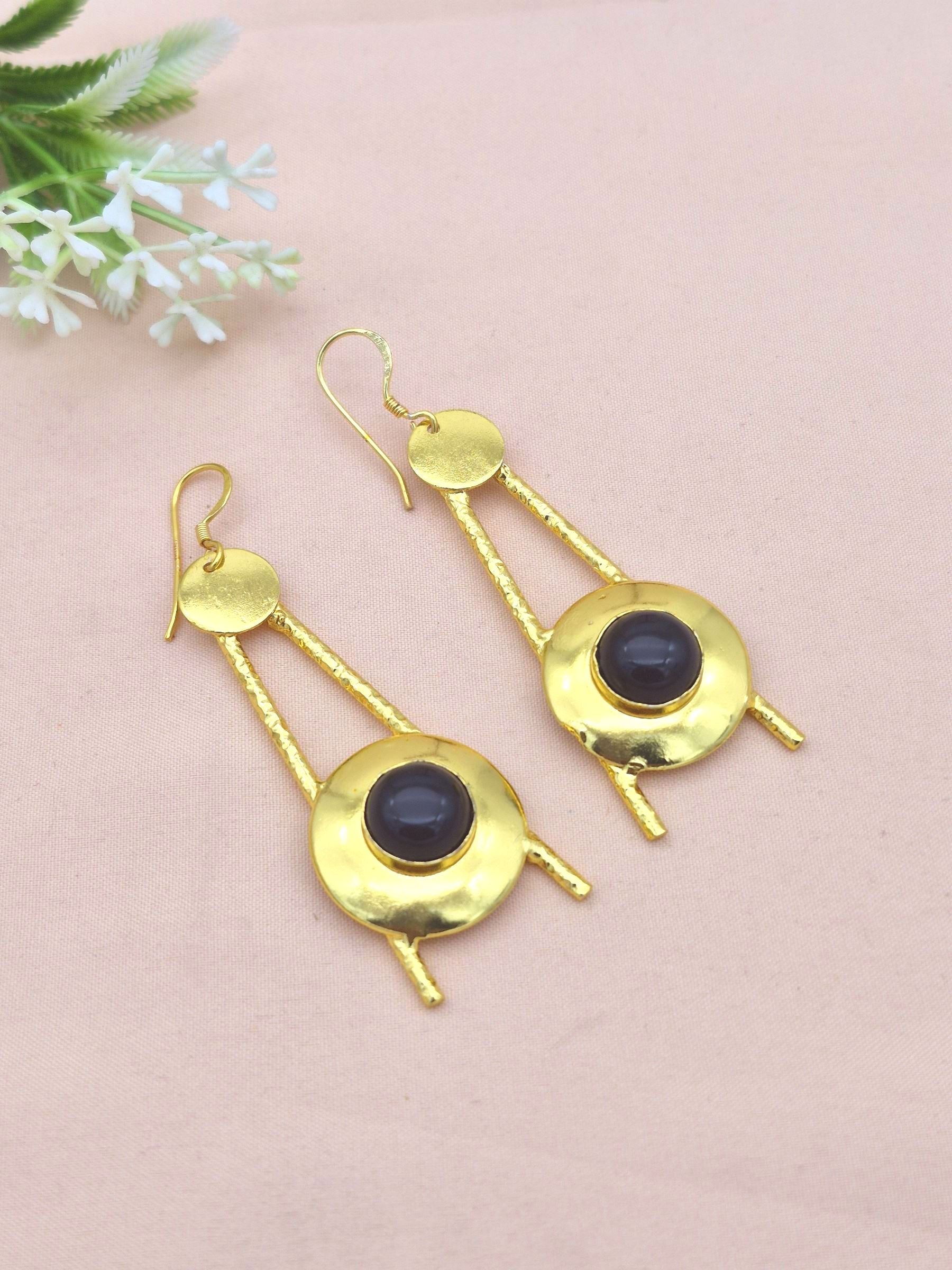 Handcrafted Black Onyx Dangle Earrings - Gold plated Elegant Jewelry for Women